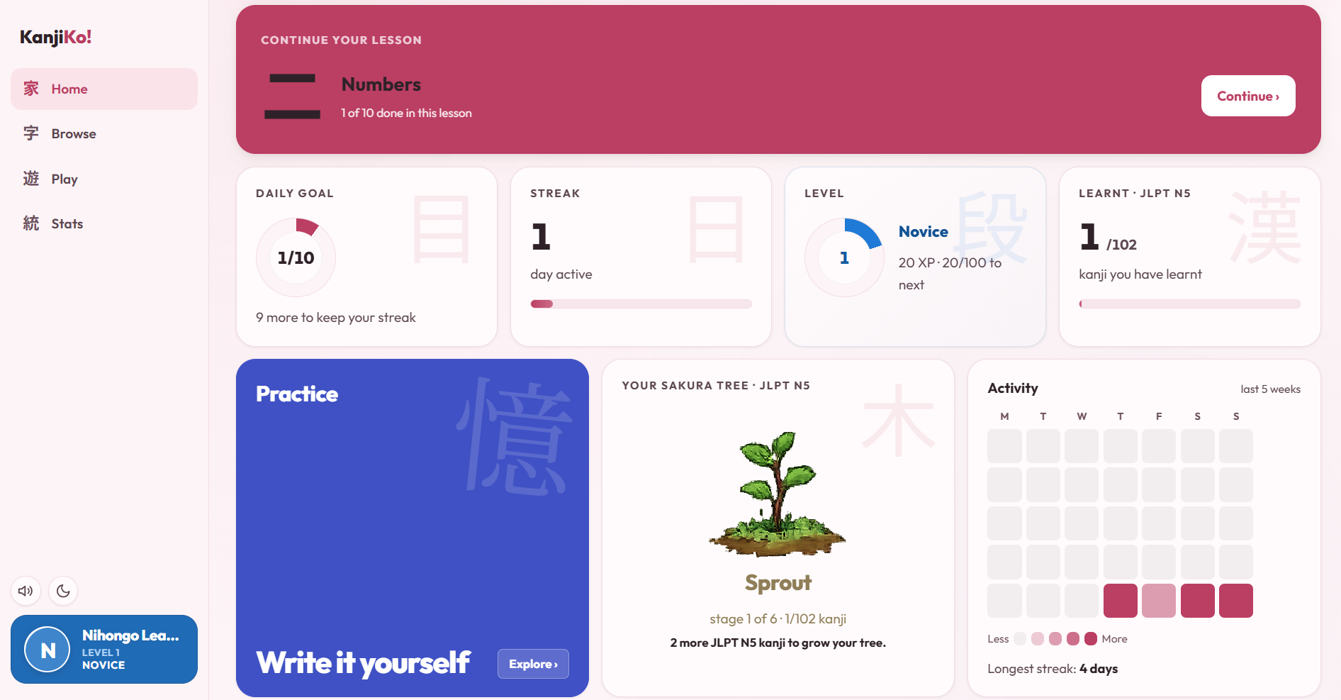 The KanjiKo home dashboard